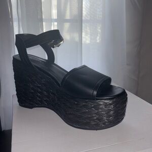 Black Wedge Sandals with Textured Platform